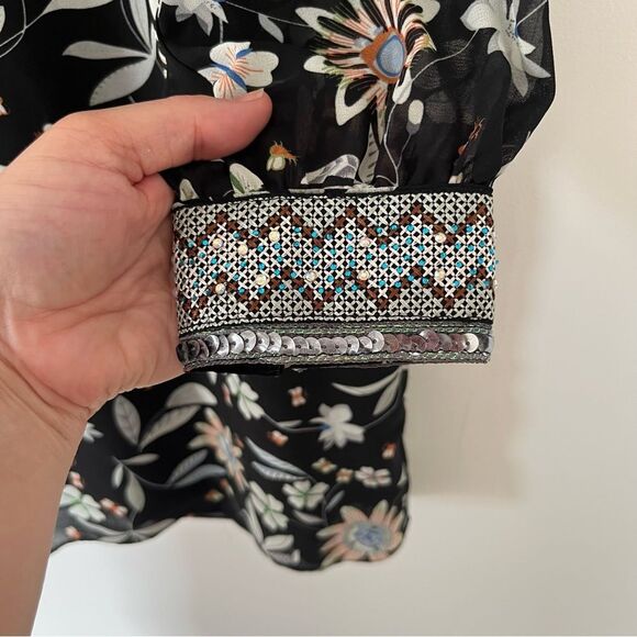 Equal Black Floral Long Sleeve Flowy Sequin Cuffs Shift Dress - Picture 7 of 11